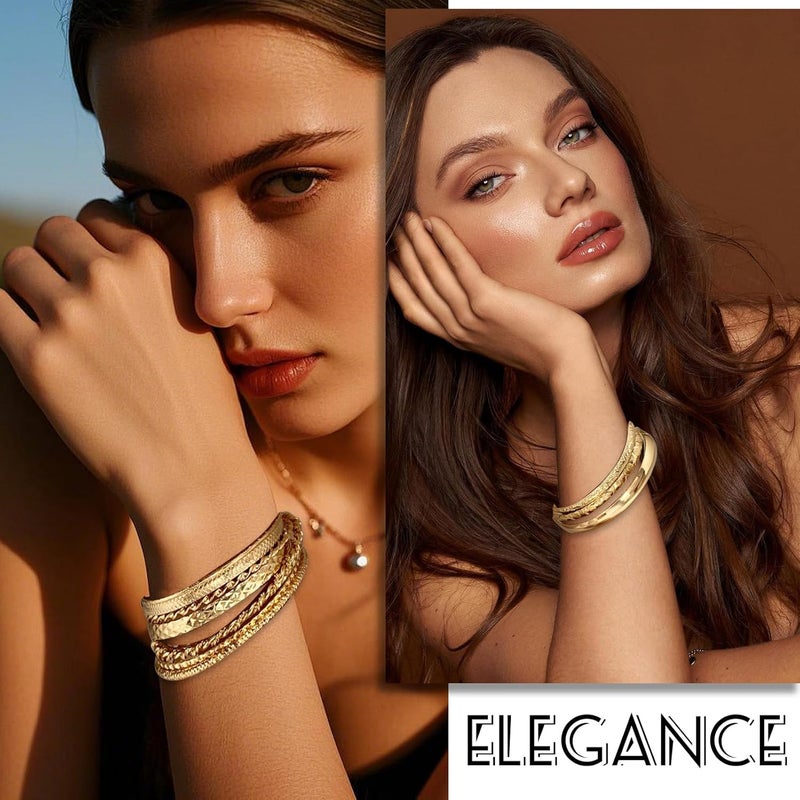 17IF Gold Bangle Bracelet For Women, 14k Multilayer Charm Textured Stackable Bracelets Boho Indian Chunky Cuff Fashion Jewelry Gift - Image 2